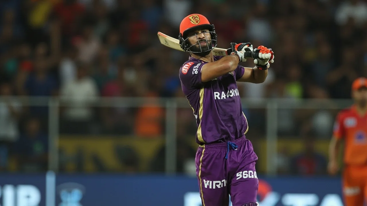 Rinku Singh playing a trademark late-innings shot under lights, the player most often named as KKR's long-term captaincy option