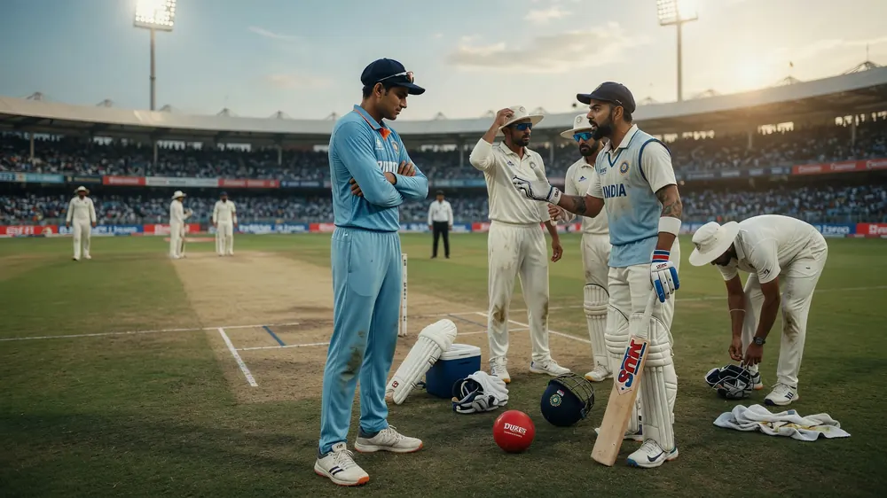 Medium shot of fielders and a bowler adjusting a limited-overs field on a dry-looking cricket pitch