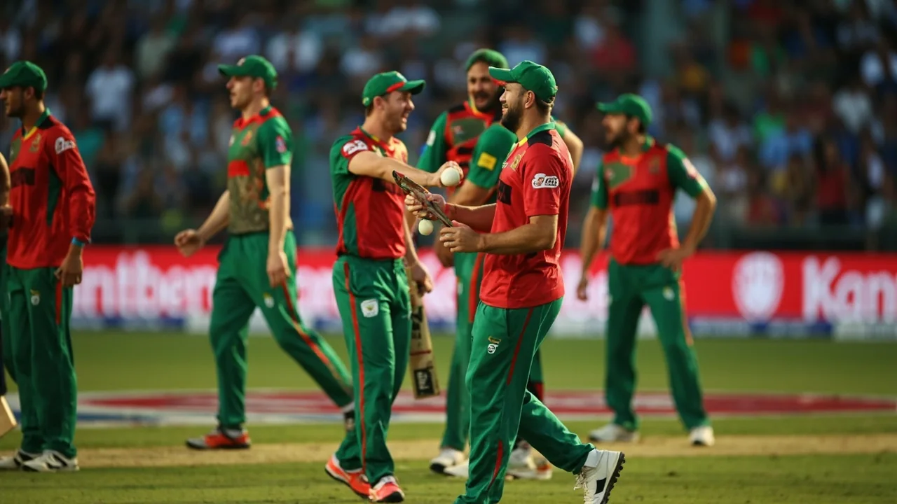 Players and fielders positioned during a tactical break at a T20I match on a slow Harare pitch
